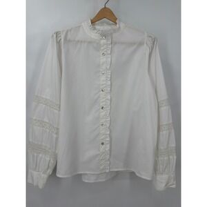 Hester & Orchard Lg White Ruffle Lace Sleeve Button Down Peasant Blouse Cottage